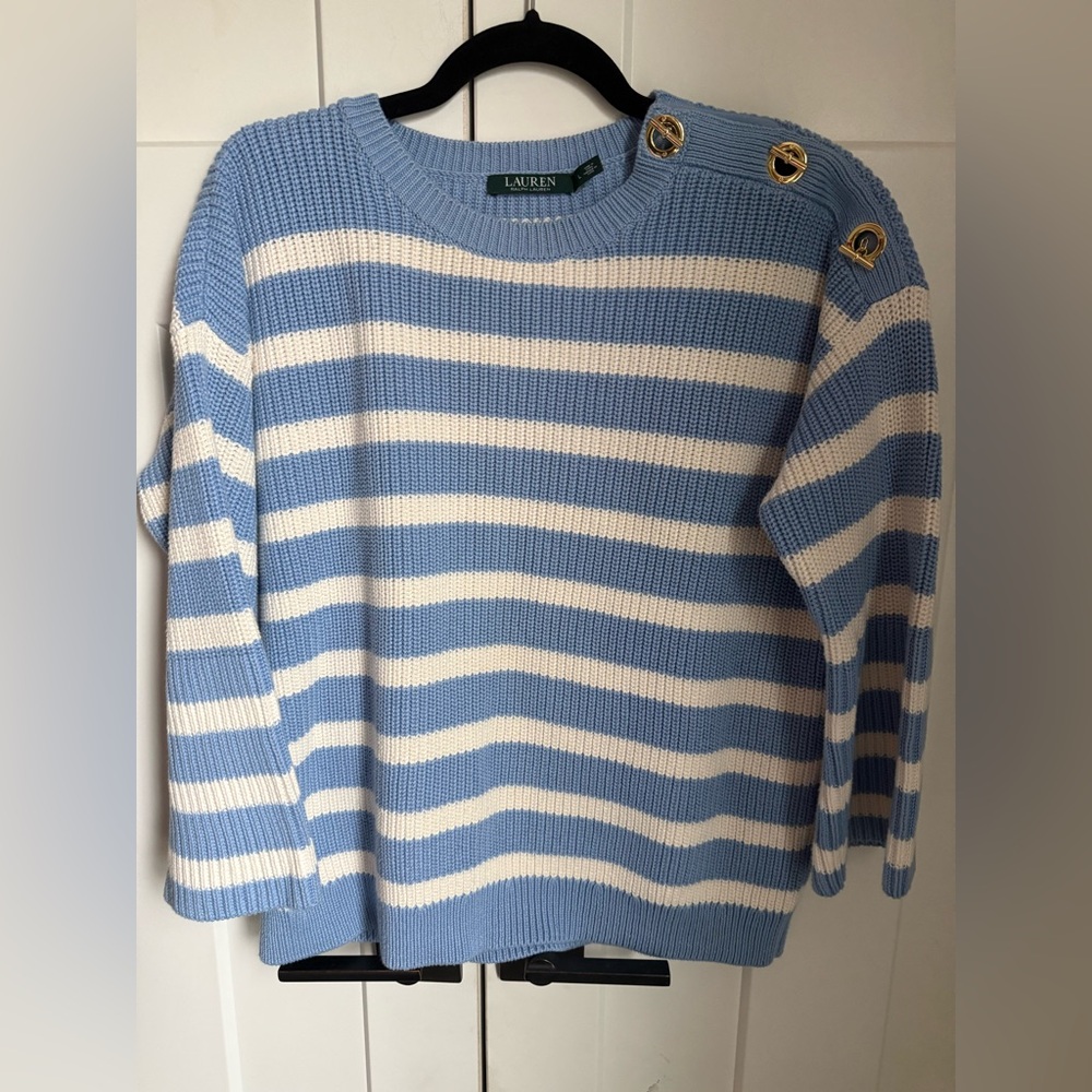 Ralph Lauren Blue and White Striped Knit Sweater, like new, size Large.